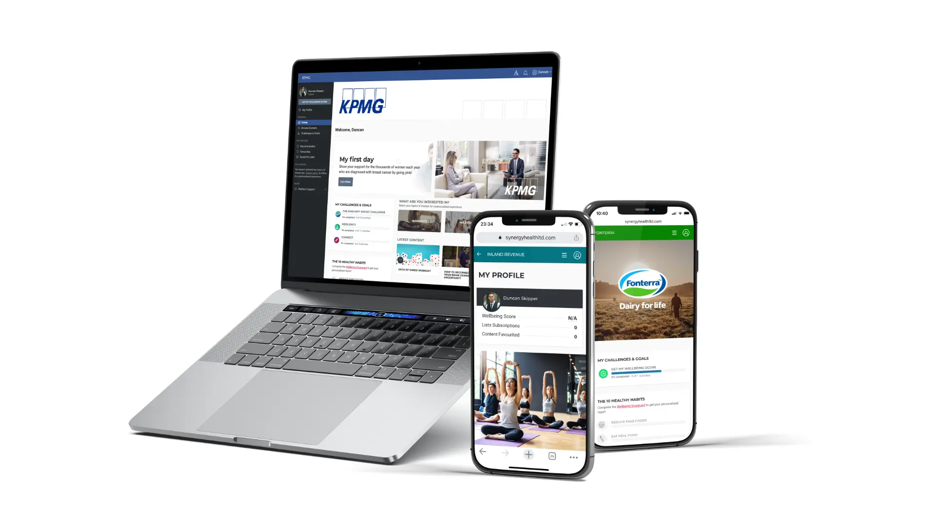 Synergy Health platform shown on a laptop and phone, branded for KPMG, Inland Revenue and Fonterra